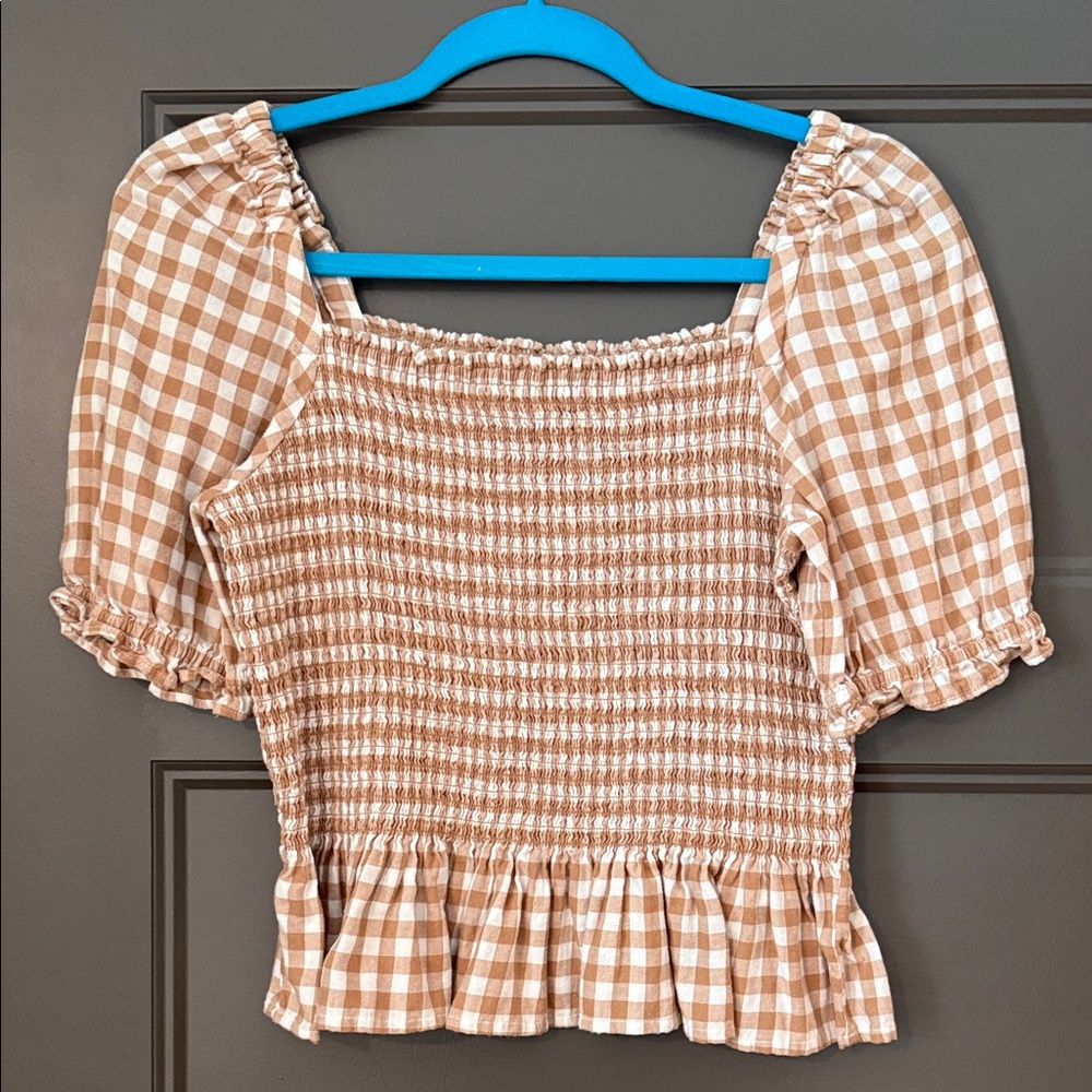 J. Crew Brown Gingham Smocked Blouse